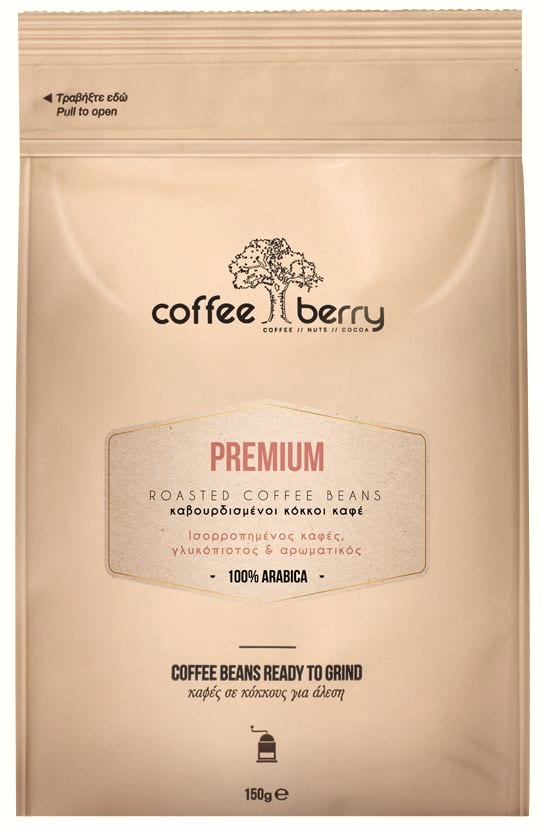 A bag of Coffee Berry Premium roasted coffee, ready to grind