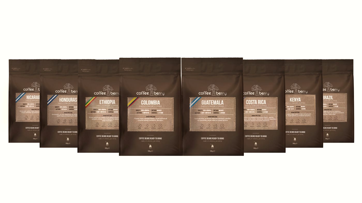 A line-up of Coffee Berry single-origin coffee bags from different countries