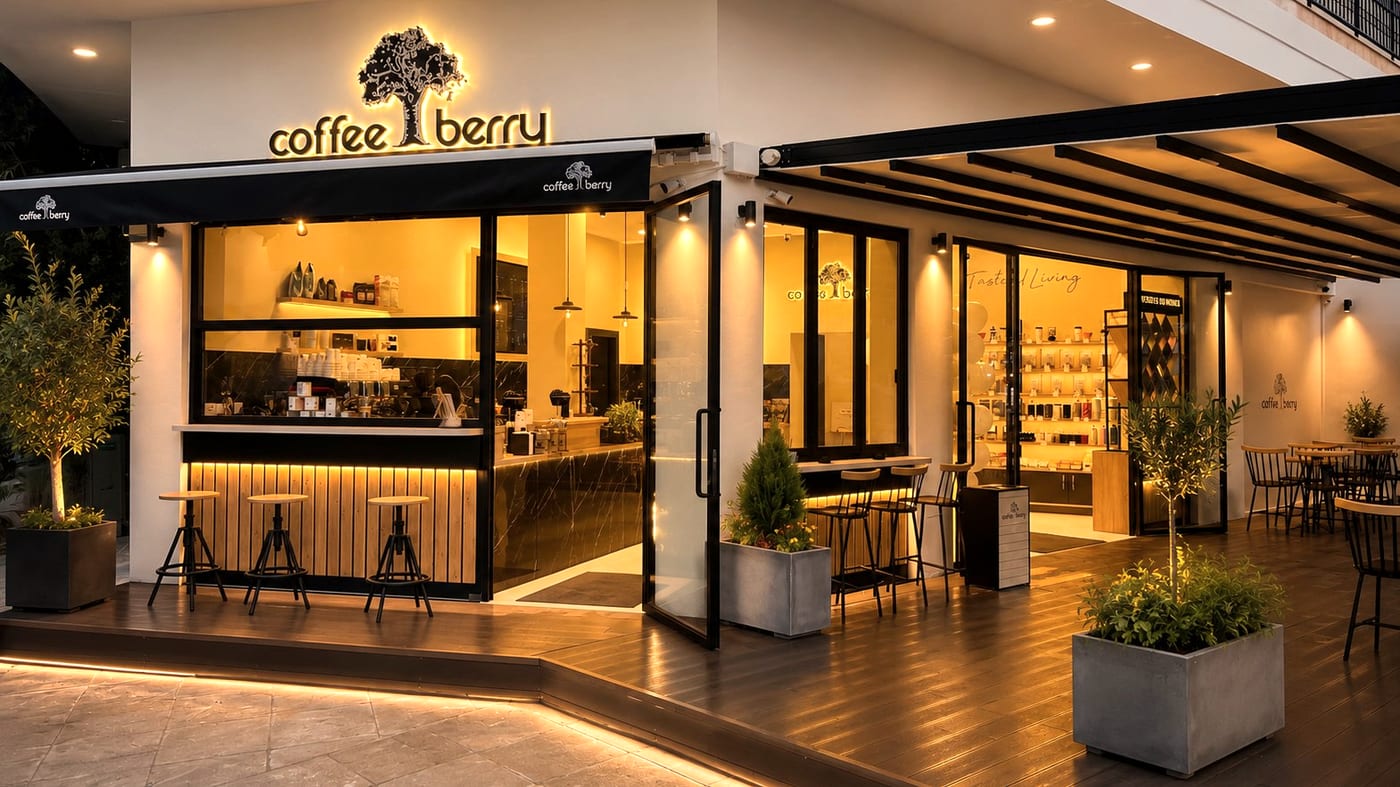 Κατάστημα Coffee Berry τύπου Normal το σούρουπο, με ξύλινο deck, φυτά και σκαμπό στον πάγκο