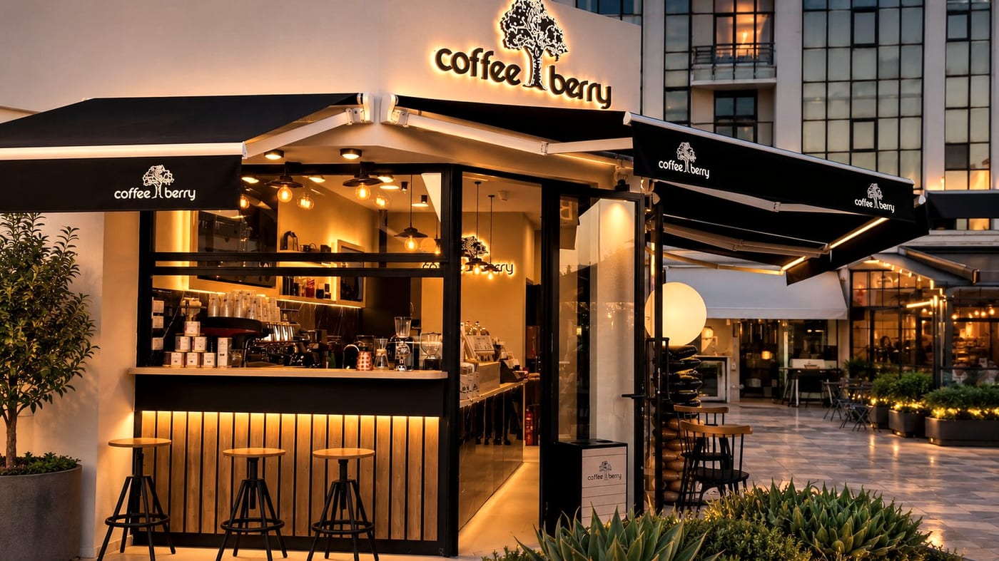 Κατάστημα Coffee Berry XP το σούρουπο, με τέντες, πάγκο στον δρόμο και σκαμπό