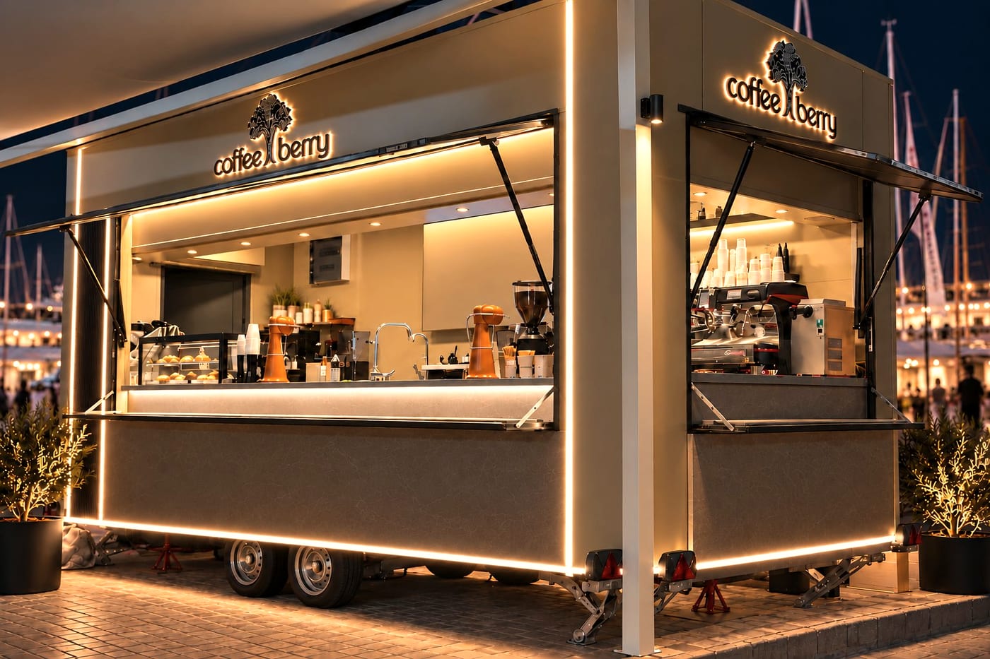 Καντίνα Coffee Berry σε μαρίνα, φωτισμένη το βράδυ.